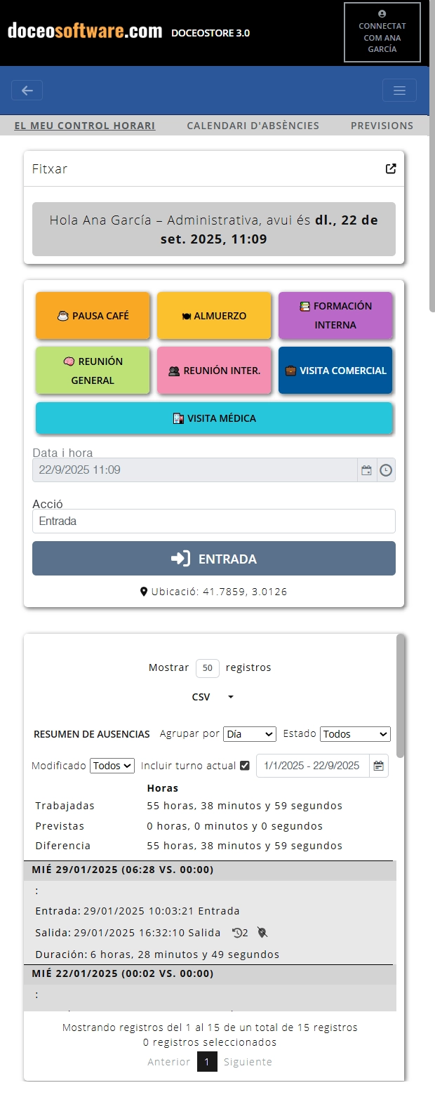 Copia de pantalla de la solicitud Doceo Intime, con un formato complejo y distintas opciones de botones para registrar todo lo que un trabajador hace durante su jornada.