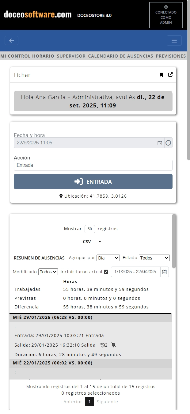Copia de pantalla de la solicitud Doceo Intime con un formato de entrada y salida en un solo botón.