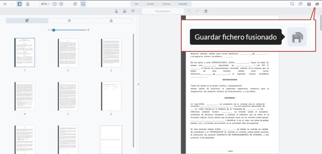 Copia de pantalla Fusionado (grapado) de documentos de mismo o distinto formato