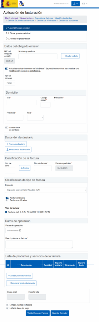 Formulario de factura de Verifactu mostrando campos para introducir datos del cliente, número de factura y detalles del pago