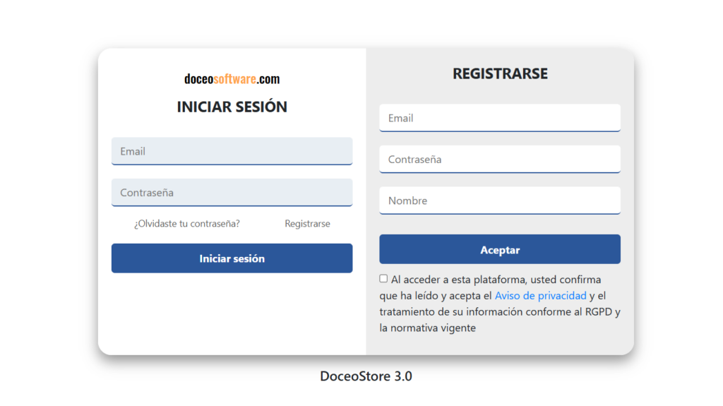 Pantalla de inicio de sesión de la aplicación en la nube Doceo Portal Reg para el registro de entrada y salida de documentos.